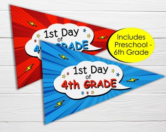 First Day of School Comic Flags / Printable School Pennant SET of 2 / Includes Preschool through 6th Grade / Red and Blue Boys Pennants