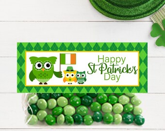 Ships Fast / Choose Size / St Patricks Day Bag Toppers / Cute Green Owls /  For 6.5 inch zipper bags and 5 inch cellophane bags