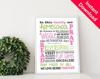 In This Family We Homeschool / 8x10 Print and 5x7 Print Included / Pink and Green /  Home school printable / Instant Download