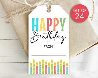 Set of 24 / Birthday Gift Tags / Happy Birthday Tags / Bright Birthday Tags / Glossy Thick Card stock /  1.75" x 3"