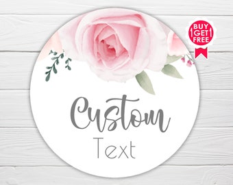BOGO / Pink Rose Floral Wreath Custom Wedding Sticker / GLOSSY Stickers / Available in 3 sizes / Personalized Wedding Labels