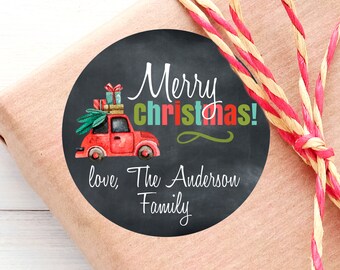 Vintage Car / Christmas Gift Stickers / Chalkboard Christmas Labels / 2 Sizes / Round Glossy Stickers / Custom Christmas Chalkboard Stickers