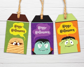 Halloween Printable Tags / 3 Designs Included / Frankenstein, Dracula, and Mummy Gift Tags / Cute Halloween Tags for Instant Download