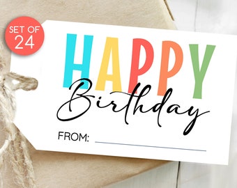 Set of 24 / Birthday Gift Tags / Happy Birthday Tags / Bright Birthday Tags / Glossy Thick Card stock /  1.75" x 3"