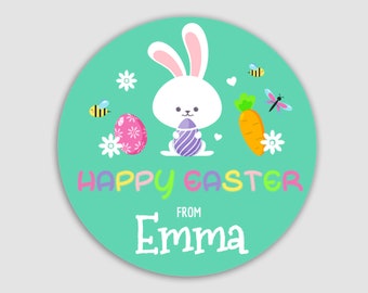 Ships Fast / Custom Happy Easter Sticker / Happy Easter Bunny with Easter Egg / Sheet of 12 Round 2.5 "/ Personalized Green Easter Label