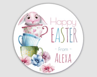 Ships Fast / Custom Happy Easter Sticker / Watercolor Easter Bunny in Tea Cup / Sheet of 12 Round / Personalized Easter Label