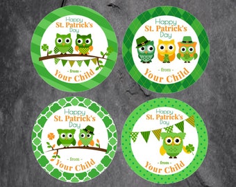 Custom St Patricks Day Stickers / Green Owls Variety / Sheet of 12 Round 2.5" / Personalized St Patricks Owl Label