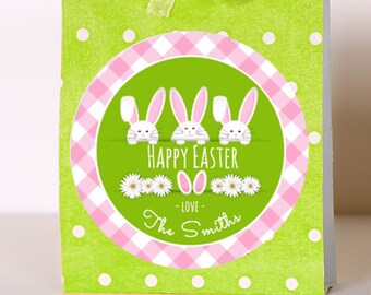 Ships Fast / Custom Easter Bunny Sticker / Happy Easter Bunny Pink Plaid with Green / Sheet of 12 Round/ Personalized Easter Label