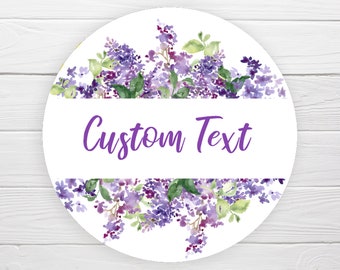 BOGO / Purple Lilac Floral Wreath Custom Wedding Sticker / GLOSSY Stickers / Available in 3 sizes / Personalized Wedding Labels