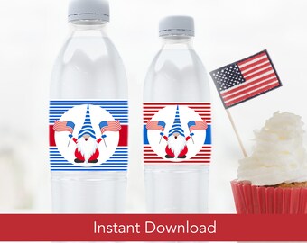 Fourth of July Water Bottle Labels / Gnome Water Bottle Stickers in Stripes / Printable 4th of July Water Bottle Wraps