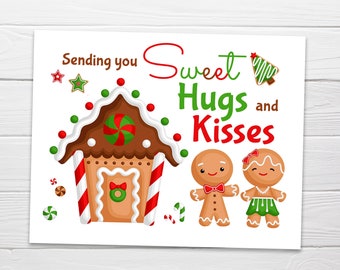 Printable Christmas Gingerbread Postcard / Instant Download / Cute Christmas Gingerbread / Christmas Printable Sweet Hug and Kisses