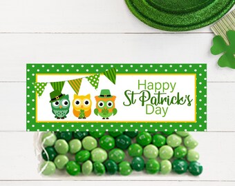 Ships Fast / Choose Size / St Patricks Day Bag Toppers / Cute Green Owls /  For 6.5 inch zipper bags and 5 inch cellophane bags