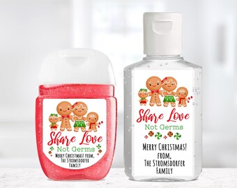 Gingerbread Sanitizer Labels / MATTE or GLOSSY / 2 Sizes / Share Love Not Germs Sanitizer / Custom Sanitizer Labels