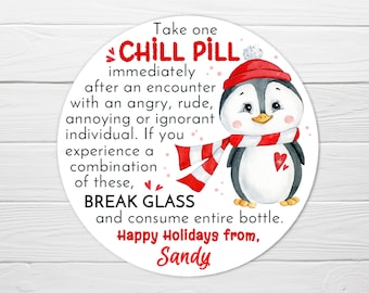 BOGO / Chill Pill Stickers / Comes in 2.5 inch or 2 inch Round GLOSSY stickers / Cute Penguin Christmas Labels / Chill Pill Happy Holidays