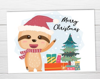 Printable Christmas Sloth Postcard / Instant Download / Cute Christmas Sloth / Christmas Printable Post Card