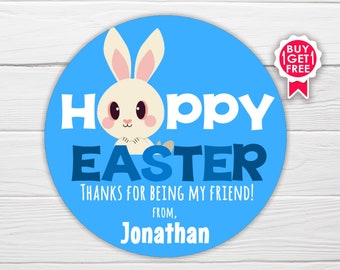 BOGO / Ships Fast / Custom Happy Easter Sticker Blue / Hoppy Easter Cute Bunny on Blue / 2 Sizes"/ Personalized Easter Label