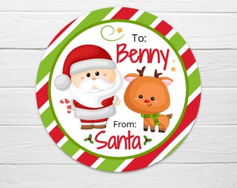 Christmas Cute FROM SANTA Stickers / Comes in 2.5 inch Round GLOSSY stickers / From Santa kid labels with cute reindeer