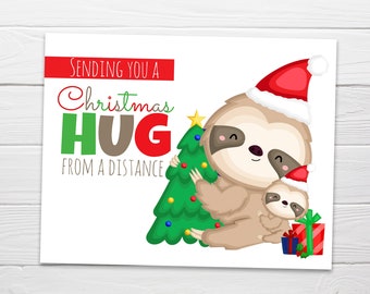 Printable Christmas Sloth With Baby Postcard / Instant Download / Cute Christmas Sloth / Sending a Christmas Hug From a Distance Printable