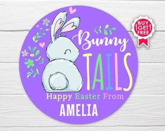 BOGO / Ships Fast / Purple Happy Easter Bunny Tails Sticker / Happy Easter Cute Bunny on Purple/ 2 Sizes / Personalized Easter Label