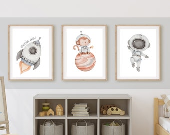 Set of 3 Wall Prints / Space Bedroom Decor / Watercolor Space Prints / Boys room Prints / Home Decor / Cute Nursery Prints / Spaceship