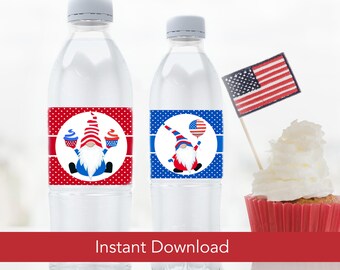 Fourth of July Water Bottle Labels / Gnome Patriotic Water Bottle Stickers / Printable 4th of July Water Bottle Wraps