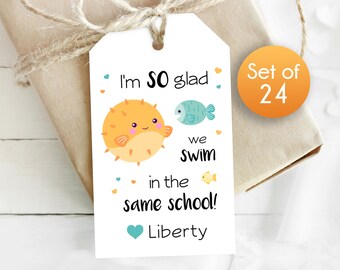 Set of 24 / Cute Fish Valentine Gift Tags / Personalized Tags / So Glad you're in my School Valentine Tags / 1.75" x 3"