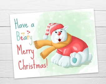 Printable Christmas Polar Bear Postcard / Instant Download / Cute Christmas Bear / Christmas Printable Post Card