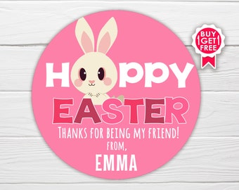 BOGO / Ships Fast / Pink Happy Easter Sticker / Hoppy Easter Cute Bunny on Pink / 2 Sizes / Personalized Easter Label