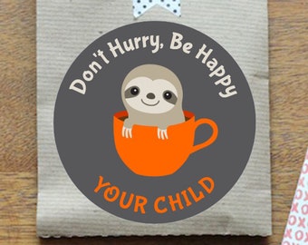 Custom Valentine Sticker Sloth / Sloth in Orange Tea Cup / Sheet of 12 / Personalized Valentine Sloth Label / Personalized Sloth