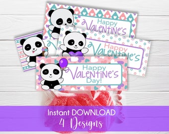 Valentine Bag Topper Purple Pandas / Card Topper for Valentines / Valentine Printable Bag Topper / 4 Styles / Fits Sandwich and Snack Bags