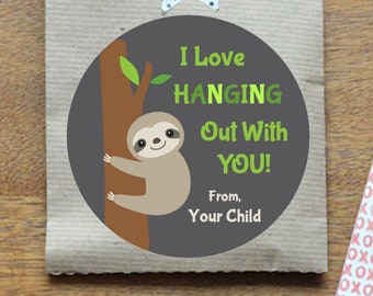 Custom Valentine Sticker Sloth / I Love Hanging Out With You / Sheet of 12 / Personalized Valentine Sloth Label / Personalized Sloth