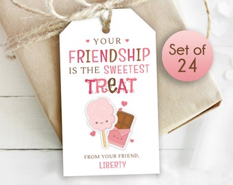 Set of 24 / Friendship Valentine Gift Tags / Personalized Tags / Valentines Day Friendship Tags with Kawaii Sweets / 1.75" x 3"