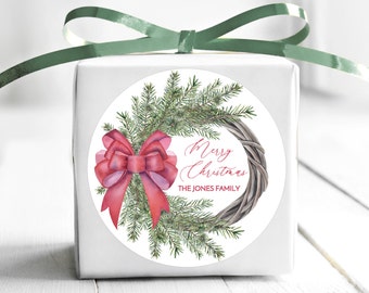 BOGO / Custom Christmas Wreath Red Bow Labels / Personalized Christmas Wedding Wreath / 3 Sizes / Merry Christmas Custom Stickers