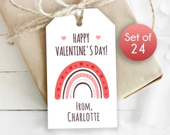 Set of 24 / Pink Rainbow Valentine Gift Tags / Personalized Tags / Valentines Day Tags with Rainbow / 1.75" x 3"