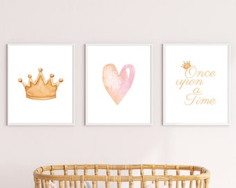 Set of 3 Linen Wall Prints / Princess Bedroom Decor / Pink Princess Prints / Girls room Prints / Home Decor / Cinderella Prints /
