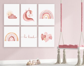 Set of 6 Wall Prints / Pink Boho Nursery / Girls Unicorn Print / Boho Nursery Print / Unicorn Print for Girls / Boho Rainbow Canvas Print