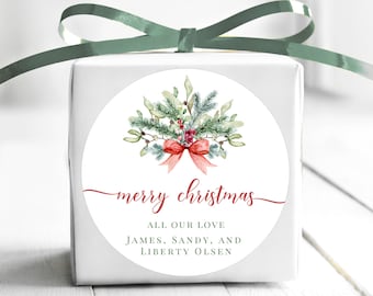 BOGO / Custom Christmas Wreath Labels in Red Font / Personalized Christmas Wedding Wreath / 3 Sizes / Merry Christmas Custom Stickers