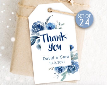 24 Tags / Custom Logo Gift Tags / Personalized Blue Roses Wedding Tags / Personalized Tags / Blue Tag for Wedding Favors / Thank You Tag