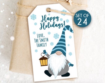 24 Tags / Blue Gnome / Custom Holiday Tag / Personalized Gnome Gift Tags for Christmas Gifts / Custom Tags / Happy Holidays Tag