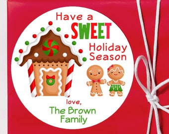 Custom Christmas Gingerbread House Sticker / 3 Sizes / Red and Green Gingerbread Couple / Personalized Christmas Sticker / Fast Shipping