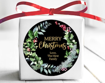 Christmas Wreath / Christmas Gift Stickers / Dark Christmas Labels / 3 Options / Round Glossy or Square / Custom Christmas Wreath Stickers