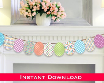 INSTANT DOWNLOAD / Easter Egg Printable Banner / Easter Egg Pennant with Variety Patterns / Colorful Egg Garland