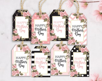 Mother's Day Gift Tags / ENGLISH and SPANISH / 8 Styles / Happy Mother's Day Vintage Pink and Black / Mom Tags Printable / Includes Blank