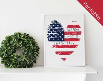 4th of July Printable Home Decor Heart / 8x10 Print and 5x7 Print Included / Red, White, and Blue Decor / Land That I Love Download