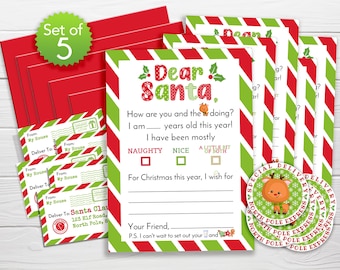 Set of 5 / Red Green Stripes / Official Letter to Santa Kit / Santa Letters Kit / Ships Fast / Kids Santa Letters / Letter to Santa