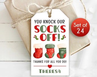 Custom Christmas Gift Tags / 1.75" x 3" / You Knock Our Socks Off / Christmas Sock Tags / Tag for Christmas Socks / Personalized Socks Tag