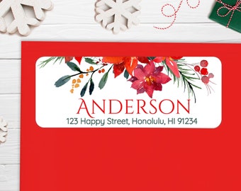 BOGO / GLOSSY Christmas Red Floral Address Stickers / Christmas Floral Wreath Stickers / Custom Address Labels / Christmas Floral Labels
