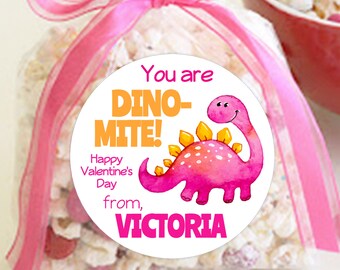 BOGO / Dinosaur Valentine Sticker / You're DINO-MITE Pink/ 3 Sizes / Personalized Valentine Label / Valentine Heart Stickers