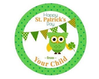 Custom St Patricks Day Sticker / Green Owl with 4 Leaf Clover / Sheet of 12 Round 2.5" / Personalized St Patricks Owl Label