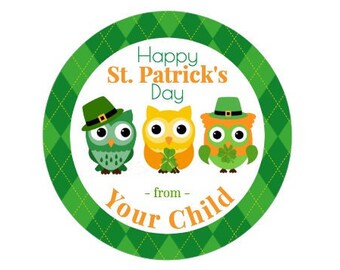 Custom St Patricks Day Sticker / Green Owls 3 Happy Friends / Sheet of 12 Round 2.5" / Personalized St Patricks Owl Label